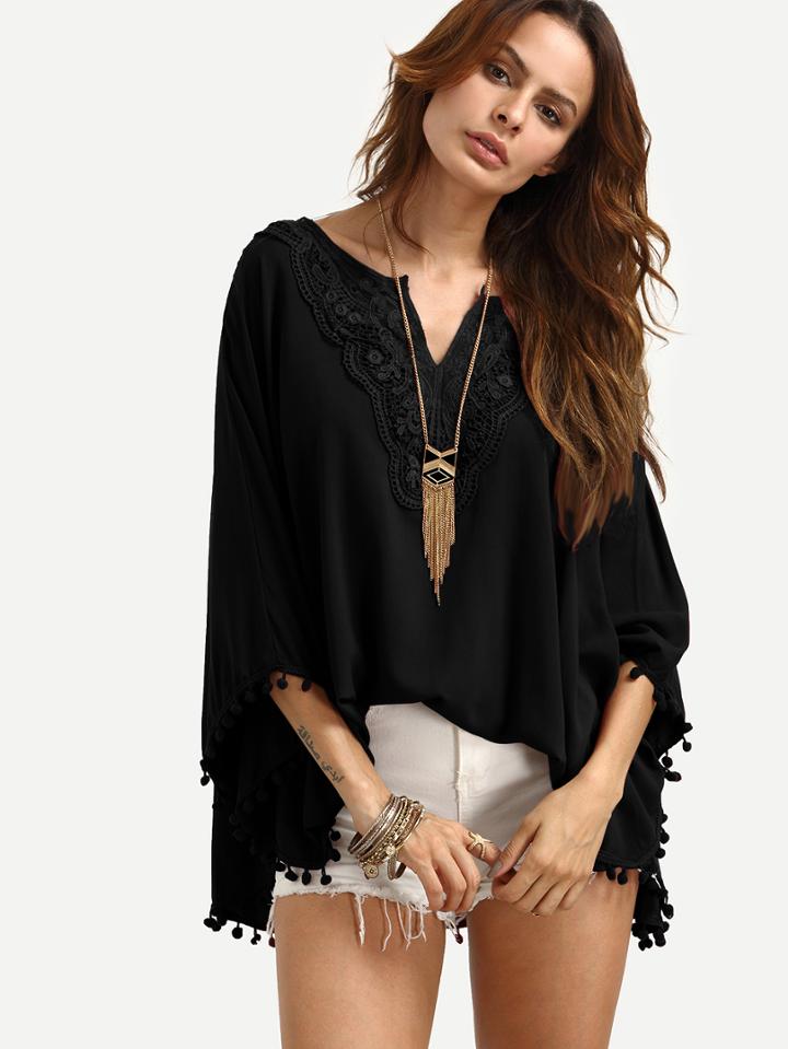 Shein Black V Neck Lace Insert Pom Pom Trim Blouse
