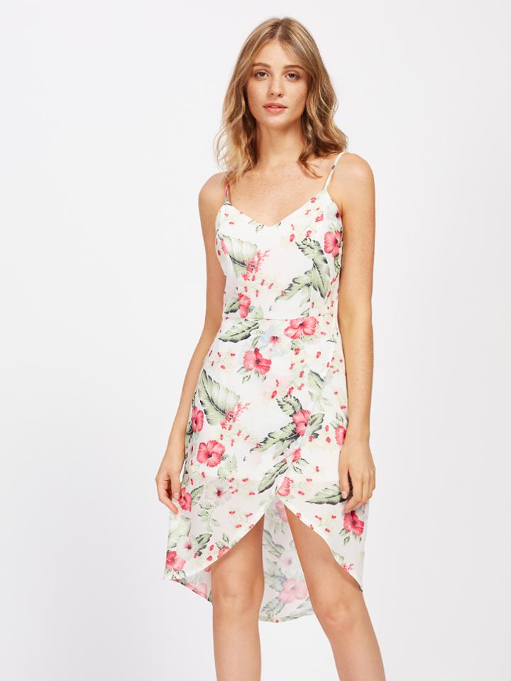 Shein Cami Straps Tropical Print Overlap Dress