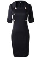 Rosewe Black Square Collar Button Decorated Bodycon Dress