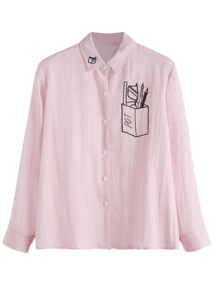 Shein Pink Embroidered Button Front Shirt