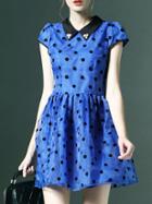 Shein Blue Lapel Beading Polka Dot Dress