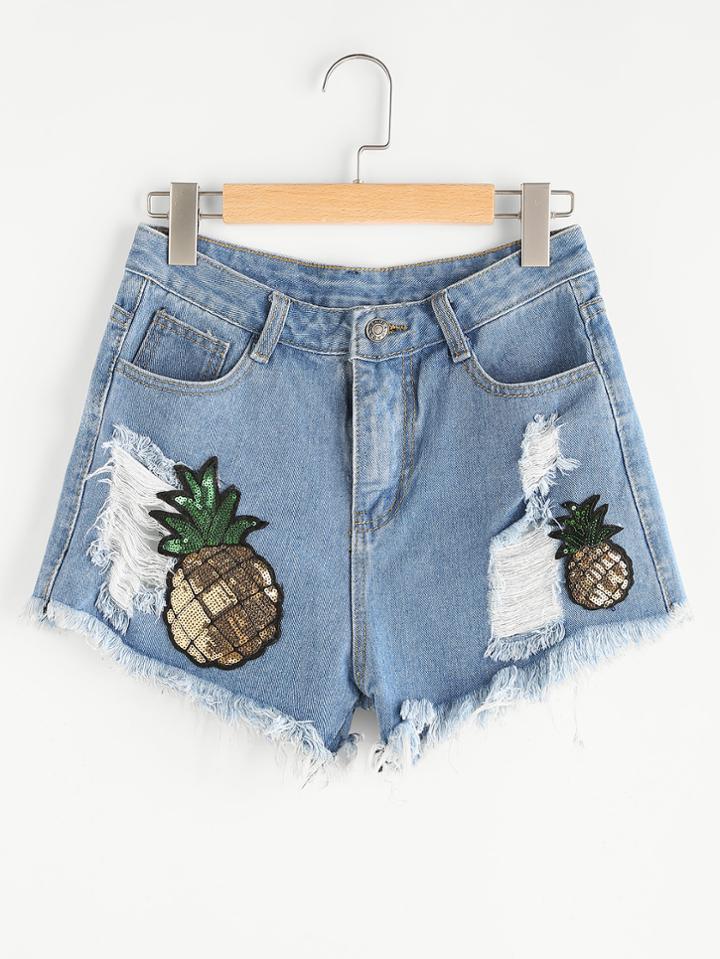 Shein Sequin Detail Ripped Frayed Hem Denim Shorts