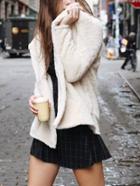 Shein Apricot Hooded Long Sleeve Faux Fur Coat