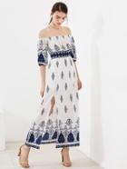 Shein Ornate Print Smocked Waist Slit Bardot Dress