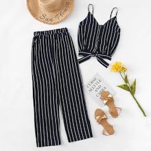 Shein Striped Single Breasted Knot Cami Top With Pants
