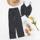 Shein Striped Single Breasted Knot Cami Top With Pants