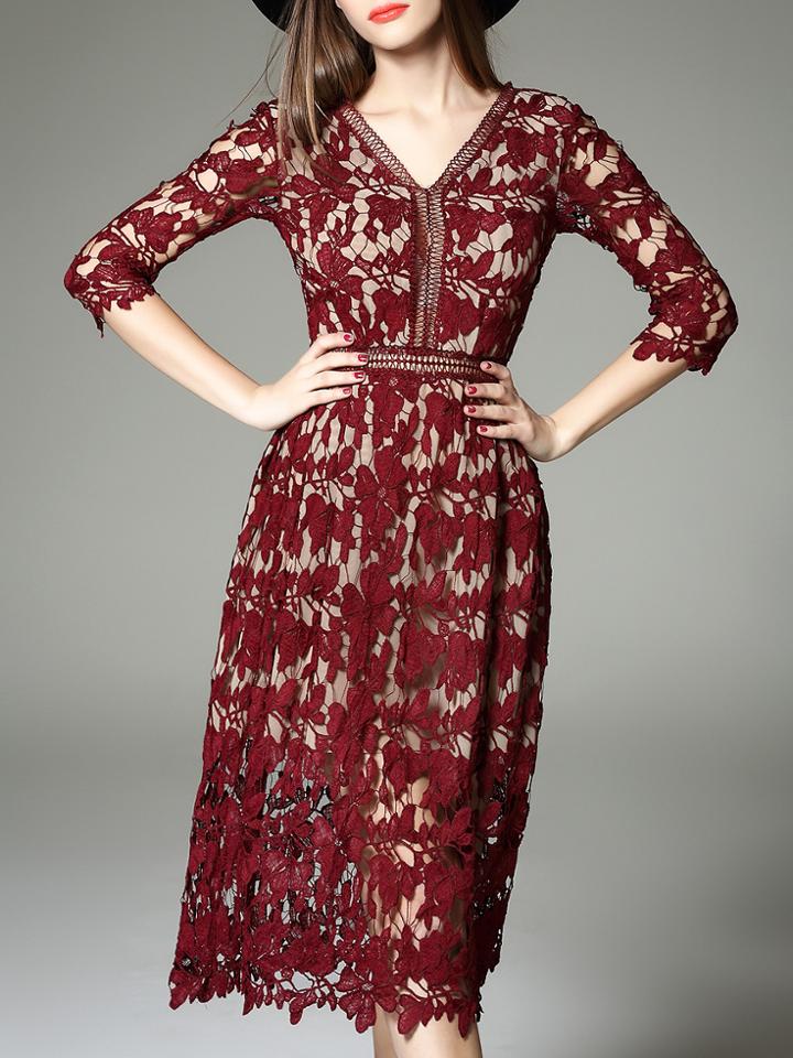 Shein Burgundy V Neck Backless Crochet Hollow Out Dress