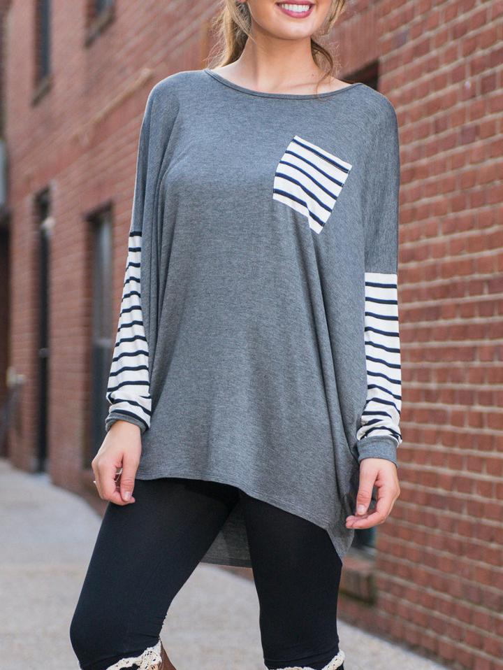 Shein Grey Round Neck Batwing Striped Loose T-shirt