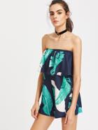 Shein Layered Strapless Leaf Print Zipper Back Romper