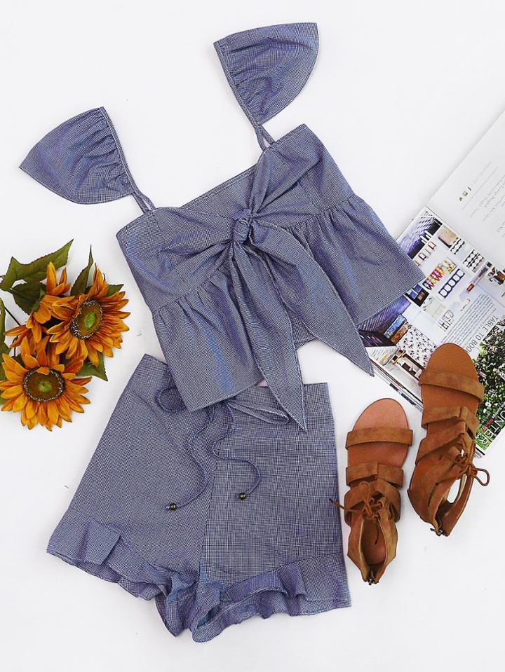 Shein Ruffle Strap Tie Back Checkered Top And Shorts Set
