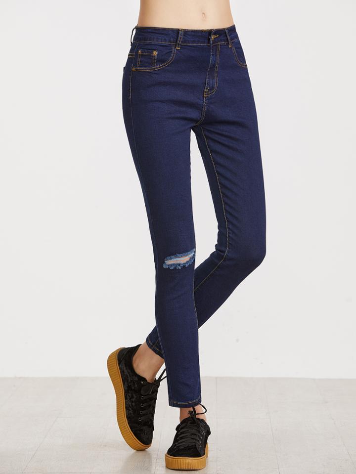 Shein Dark Blue Ripped Skinny Jeans