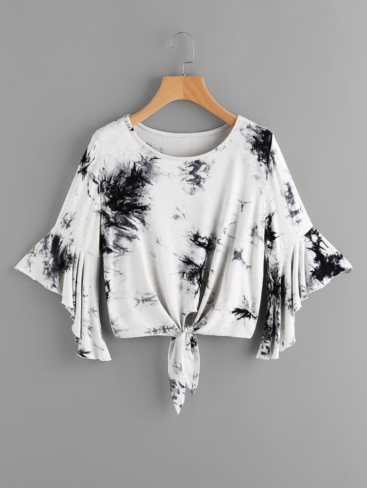 Shein Tie Dye Trumpet Sleeve Knotted Hem Crop Tee