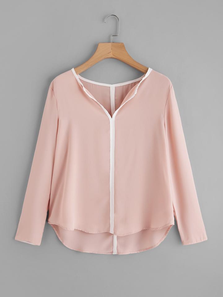 Shein V Neckline Contrast Trim Dip Hem Blouse