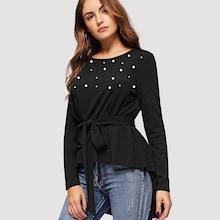 Shein Asymmetrical Hem Pearls Beading Belted Blouse