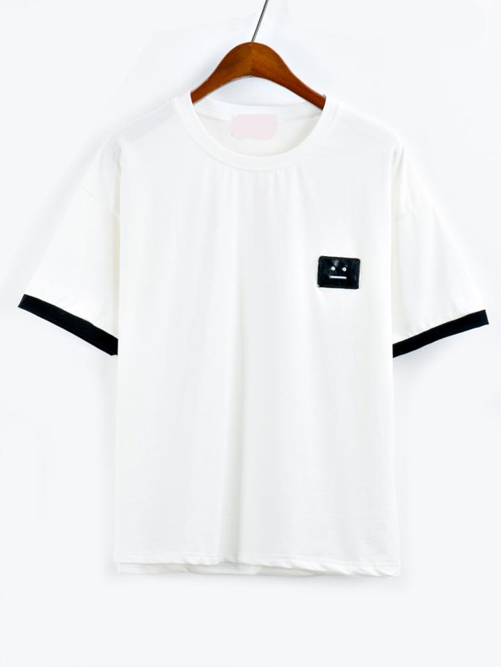 Shein Contrast Trim Smiley Face Patch T-shirt - White