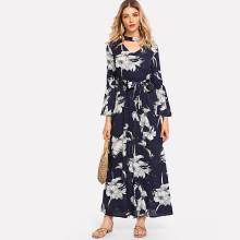 Shein Cut Out Neck Floral Print Self Tie Dress