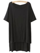 Shein Black Scoop Neck Dipped Hem Casual T-shirt