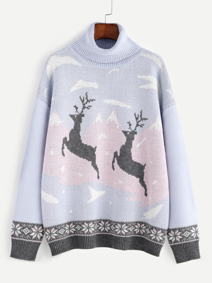 Shein Purple Turtleneck Drop Shoulder Christmas Ugly Sweater