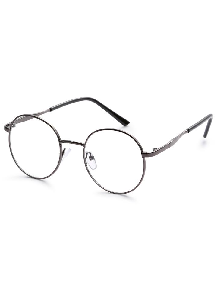 Shein Dark Grey Metal Frame Round Clear Lens Glasses