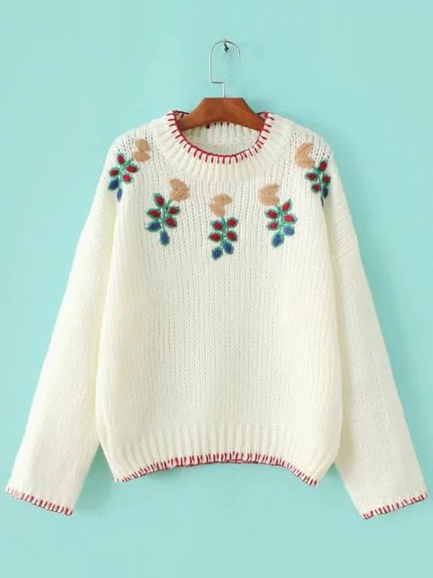 Shein White Floral Embroidery Drop Shoulder Sweater