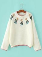 Shein White Floral Embroidery Drop Shoulder Sweater