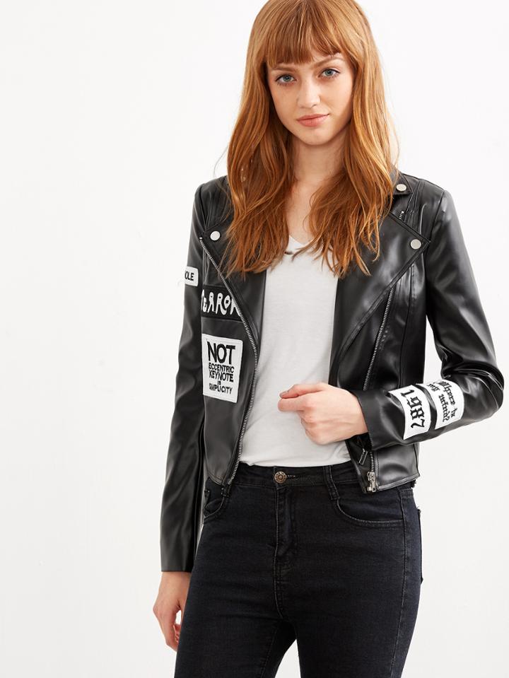 Shein Black Zipper Patch Pu Crop Jacket
