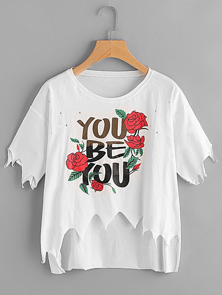 Shein Graphic Print Asymmetric Raw Hem Tee