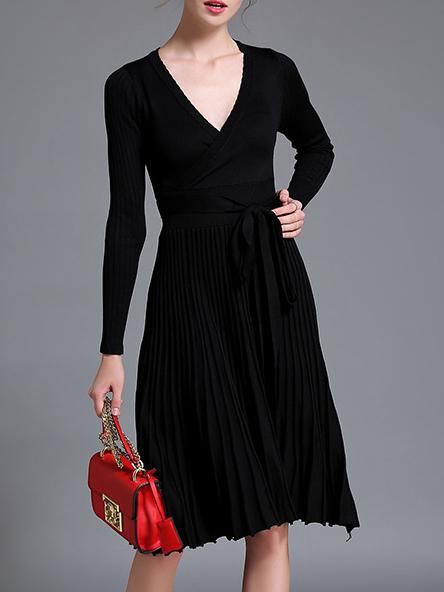 Shein Black V Neck Knit Pleated Tie-waist Dress