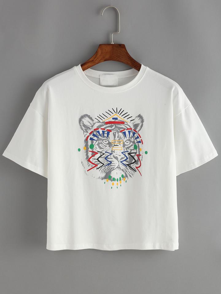 Shein Tiger Print Drop Shoulder White T-shirt