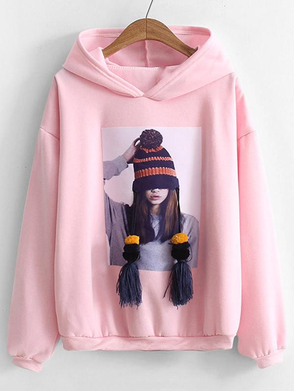 Shein Tassel Detail Girl Print Hoodie