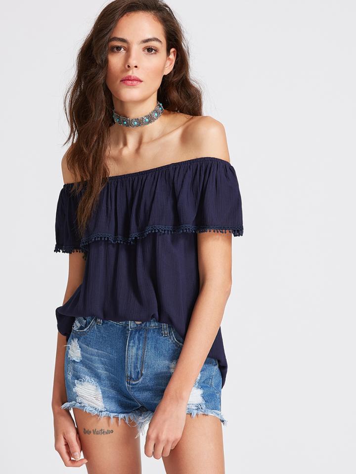 Shein Frill Bardot Neckline Lace Trim Top