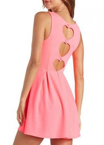 Rosewe Sweet Cutout Pattern Round Neck Pink Tank Dress