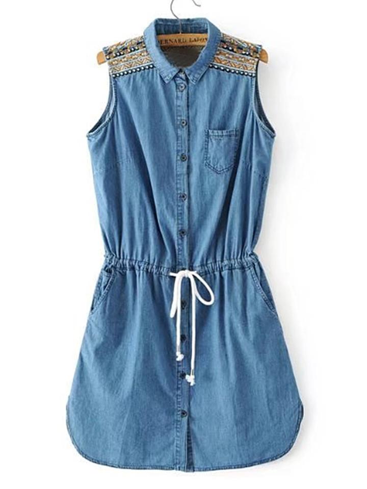 Shein Embroidery Drawstring Denim Dress