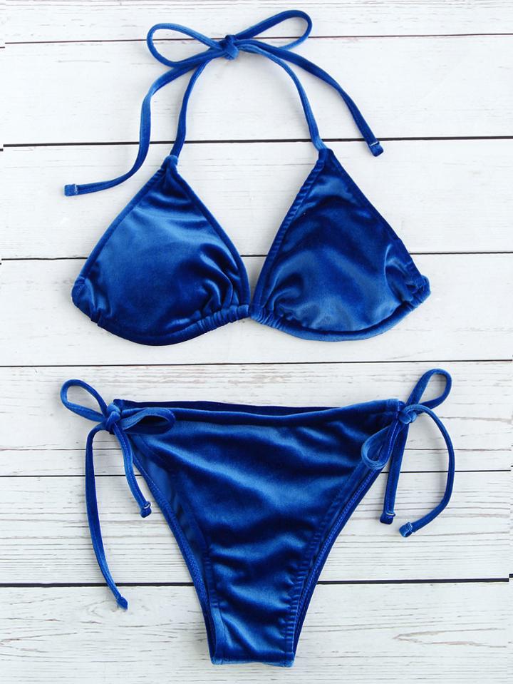 Shein Blue Bow Tie Velvet Triangle Bikini Set