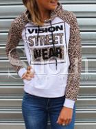 Shein White Hooded Long Sleeve Patterns Leopard Letters Print Sweatshirt
