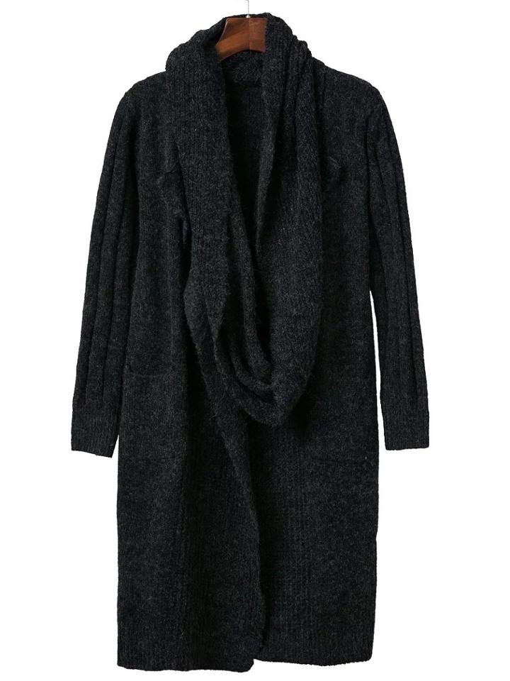 Shein Black Pocket Long Sweater Coat With Scarf