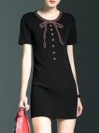 Shein Black Bowknot Beading Knit Sheath Dress