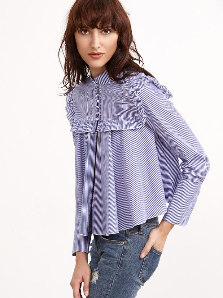 Shein Blue And White Striped Button Front Ruffle Swing Blouse
