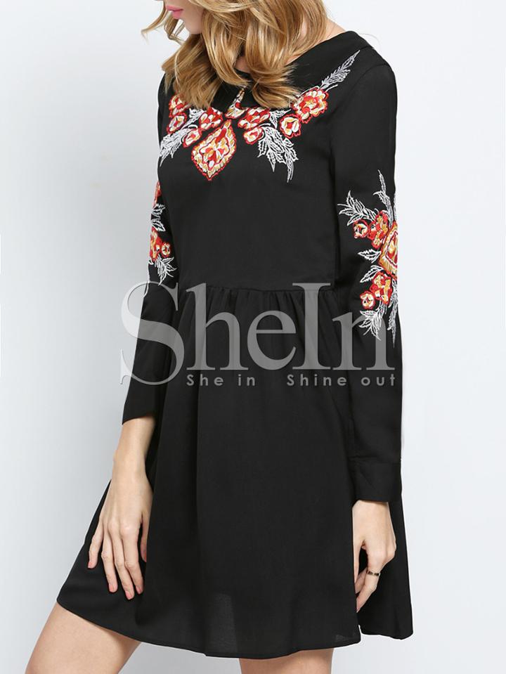 Shein Black Long Sleeve Embroidered Embellishments Broderie Pleated Dress