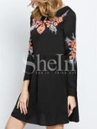 Shein Black Long Sleeve Embroidered Embellishments Broderie Pleated Dress