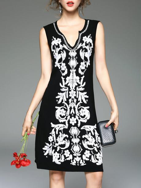 Shein Black V Neck Embroidered Beading Dress
