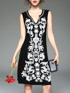 Shein Black V Neck Embroidered Beading Dress