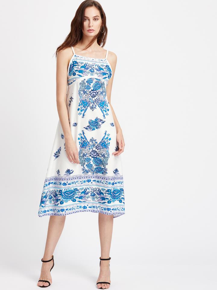 Shein Porcelain Print Crochet Trim Cami Dress