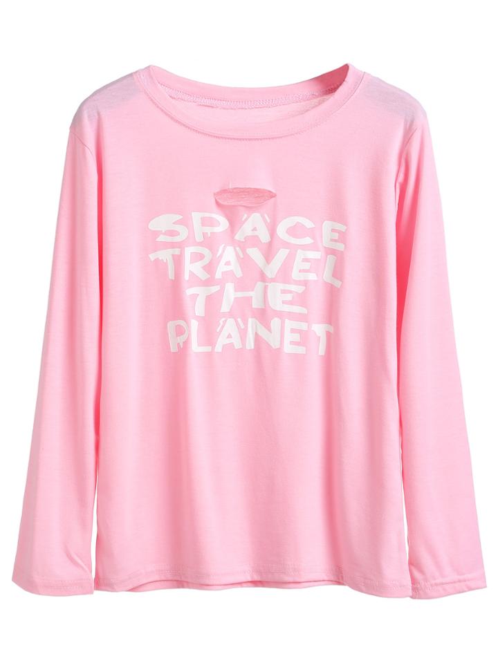 Shein Pink Slogan Print Ripped T-shirt