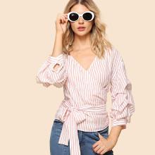 Shein Gathered Sleeve Striped Wrap Top