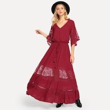 Shein Lace Contrast V-neck Drawstring Dress