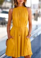 Rosewe Chiffon Yellow Sleeveless Belted A Line Dress