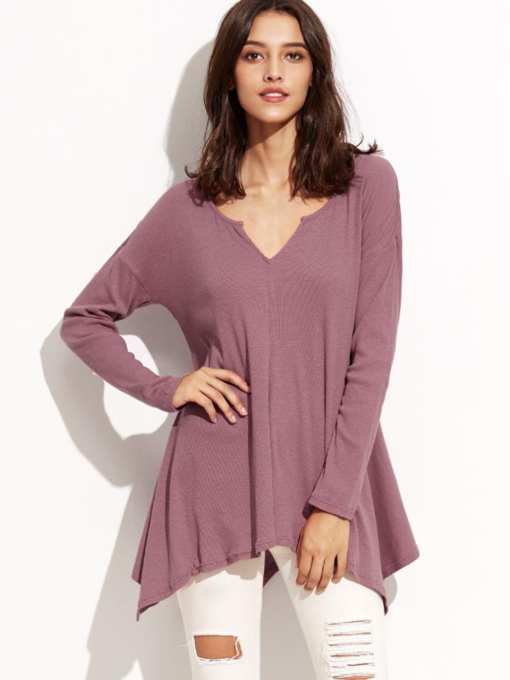 Shein Purple V Cut Asymmetric Dolman Sleeve T-shirt