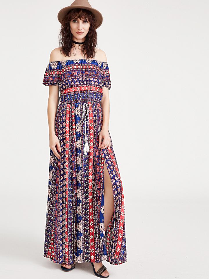Shein Ornate Print Tasseled Drawstring Waist M Slit Dress