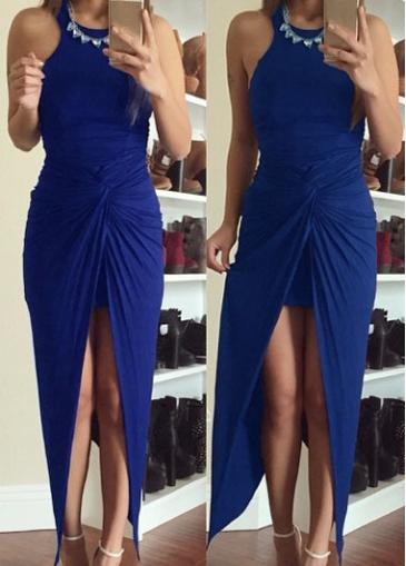 Rosewe Royal Blue Round Neck Twist Decorated Maxi Dress